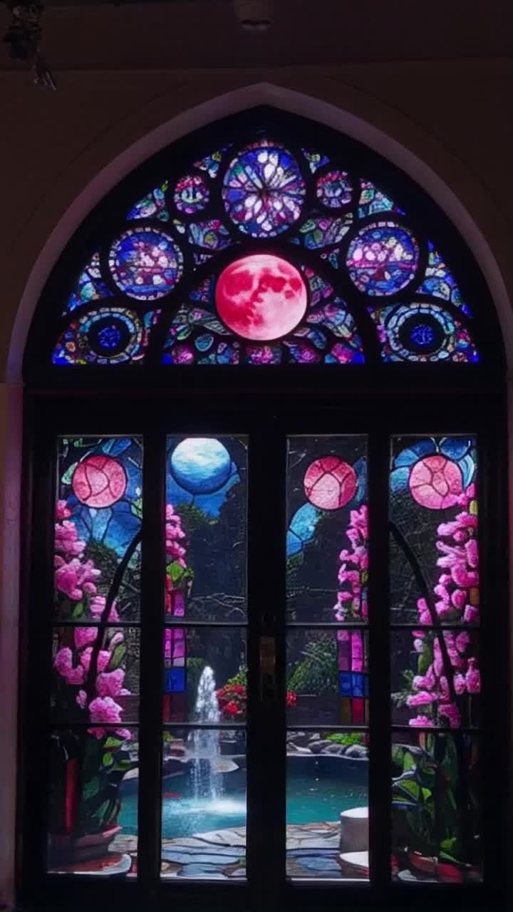 Afternoon sunlight beams through an intricately detailed large stained glass double French doors with an arch panel above them of a strawberry full moon, in the left and right doors upper panels are the planets of the galaxy beyond the moon and beneath the clouds, midway, shows dark blue under the clouds glowing on top, the same shade of pink as the moon above,to the bottoms of the stained glass panels that reveal a lush stained glass garden surrounding a water fountain, light blue moonflower vines glow pink on top, various dark and vibrant tints and hues reflective of the vision above