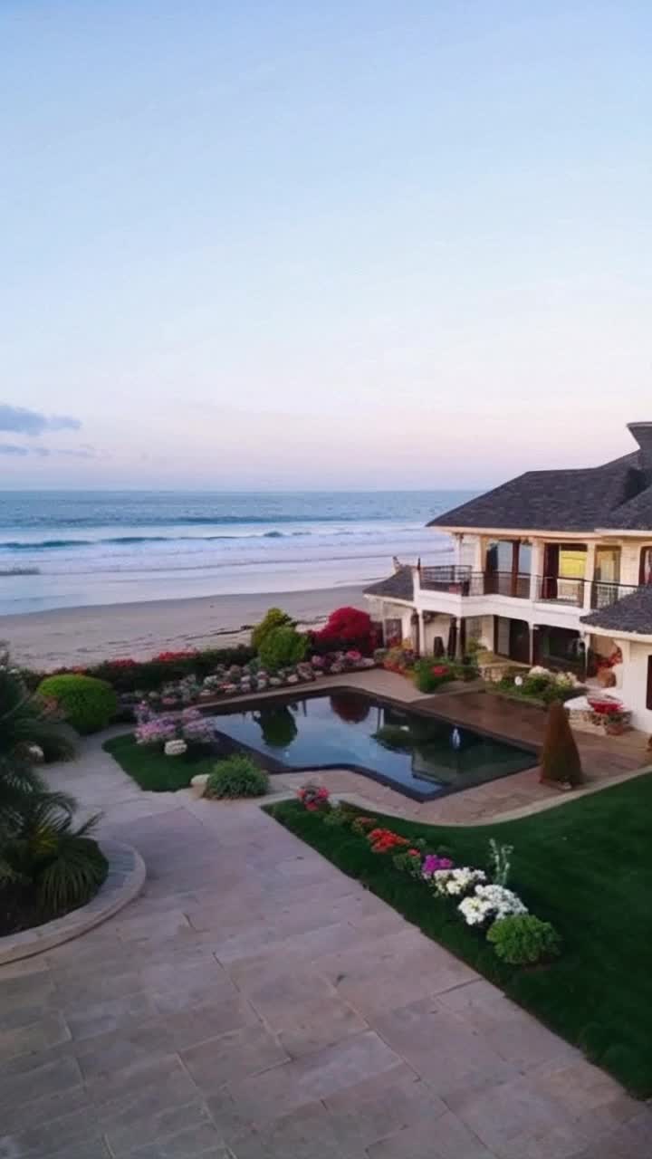 A luxurious Beach House faces a gentle tide sunrise, pastel and vibrant colors, gardens, flowers, birds, a courtyard 