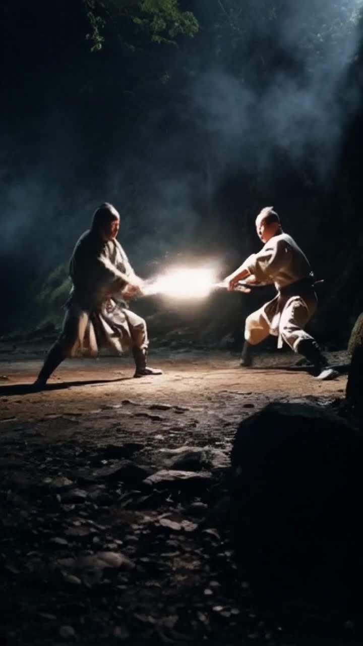 a dramatic, dynamic samurai warrior fight scene featuring a glinting katana in an impressive movement