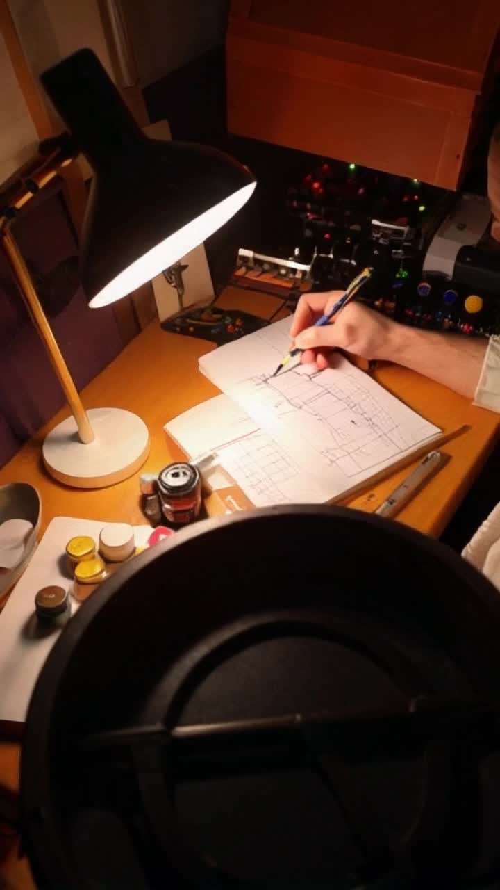 PersnalPassionate creator surrounded by colorful equipment brainstorming fresh ideas Enthusiastic hands sketching storyboards under warm light Inspire visuals springing to life on vibrant screens in a cozy creative studio