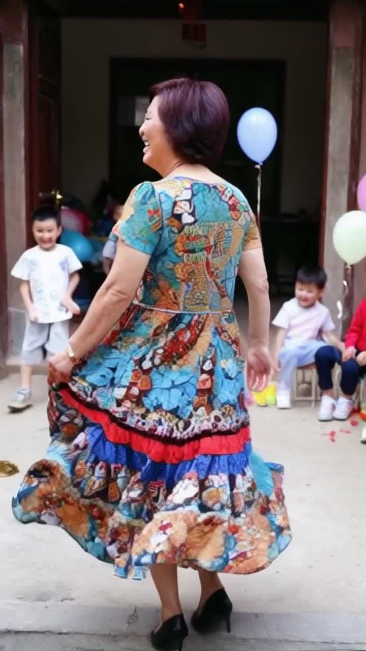 Curvy aunt wearing vibrant summer dress laughing heartily as she playfully twirls her skirt at a lively family gathering surrounded by colorful balloons and joyful children running around tall green trees