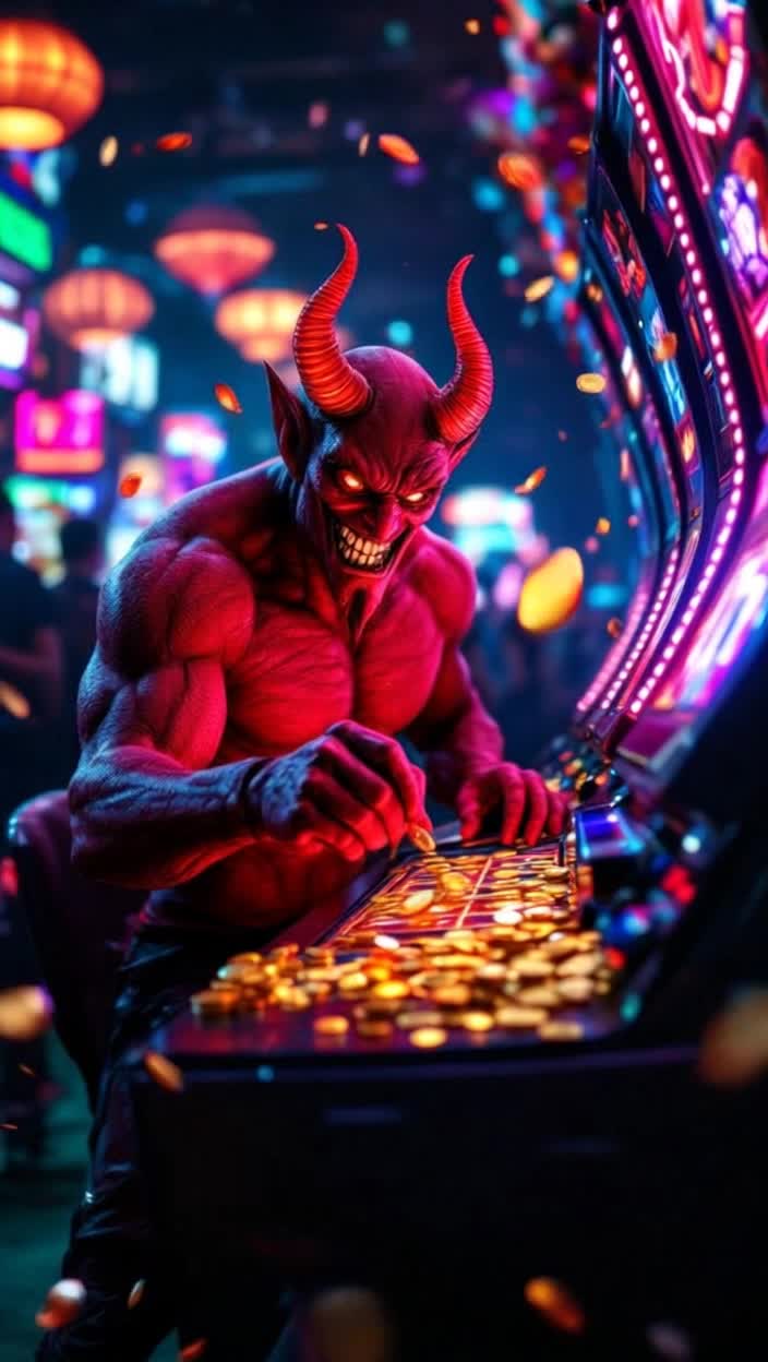 Fiery red devil grinning with mischievous glee pulling lever on glimmering slot machine Coins clink and shimmer as they cascade down Neon lights flash wildly in a shadowy casino filled with anticipation Lush green carpets and velvet ropes create an air of luxury Cheering patrons surround the devil fueling the excitement Tension builds as spinning reels slow revealing bright symbols like cherries and lucky sevens 