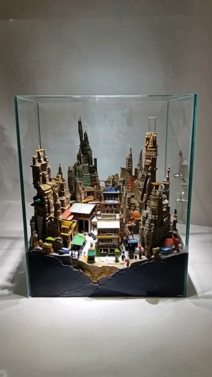  The miniature metropolis with its inhabitants, meticulously crafted with intricate details, housed in a glass cube, evokes a sense of wonder and curiosity, as if torn from a dolls house and suspended in midair, with tiny residents going about their daily routines, recalling the surreal and fantastical worlds of Hayao Miyazaki, the meticulous attention to detail of Simon Stalenhug and the ethereal, fairytale quality of Ash Thorpes digital art, with delicate textures, vibrant colors and an emphasis on depth and dimension that invites the viewer to immerse themselves in this tiny, selfcontained universe