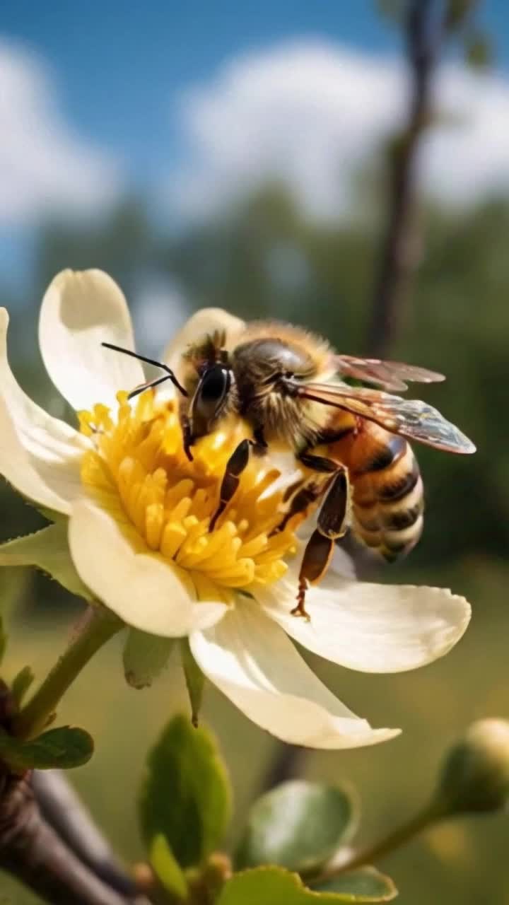 Golden honeybee fluttering gracefully, delicate wings shimmering in sunlight, gentle antennae twitching among colorful petals, vibrant flower blossoms swaying softly with a warm breeze, lush green grass carpeting the ground, clear blue sky overhead dotted with fluffy white clouds, warmth of the sun casting a golden hue on the scene, sweet scent of blooming flowers filling the air, nature pulsating with life, soft buzzing sound creating a tranquil melody