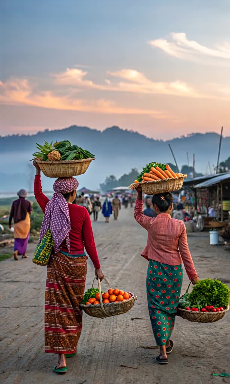a man walks with fruit on his head