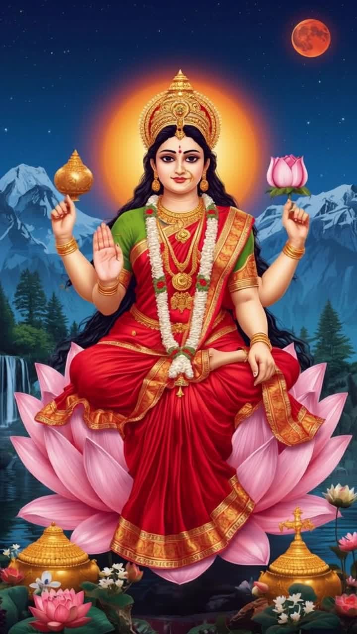 Make cinematic style video as goddess Lakshmi smiling gently, hairs swaying, moving hands gently,lots of shiny  gold coins falling from top and from right palm of goddess Lakshmi, flower moving, create video with cinematic style Camera movements