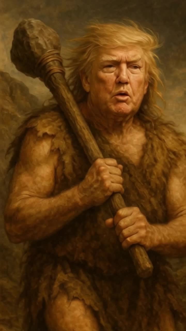 The primitive caveman swings his mighty club downwards while displaying chimpanzee style facial expressions 