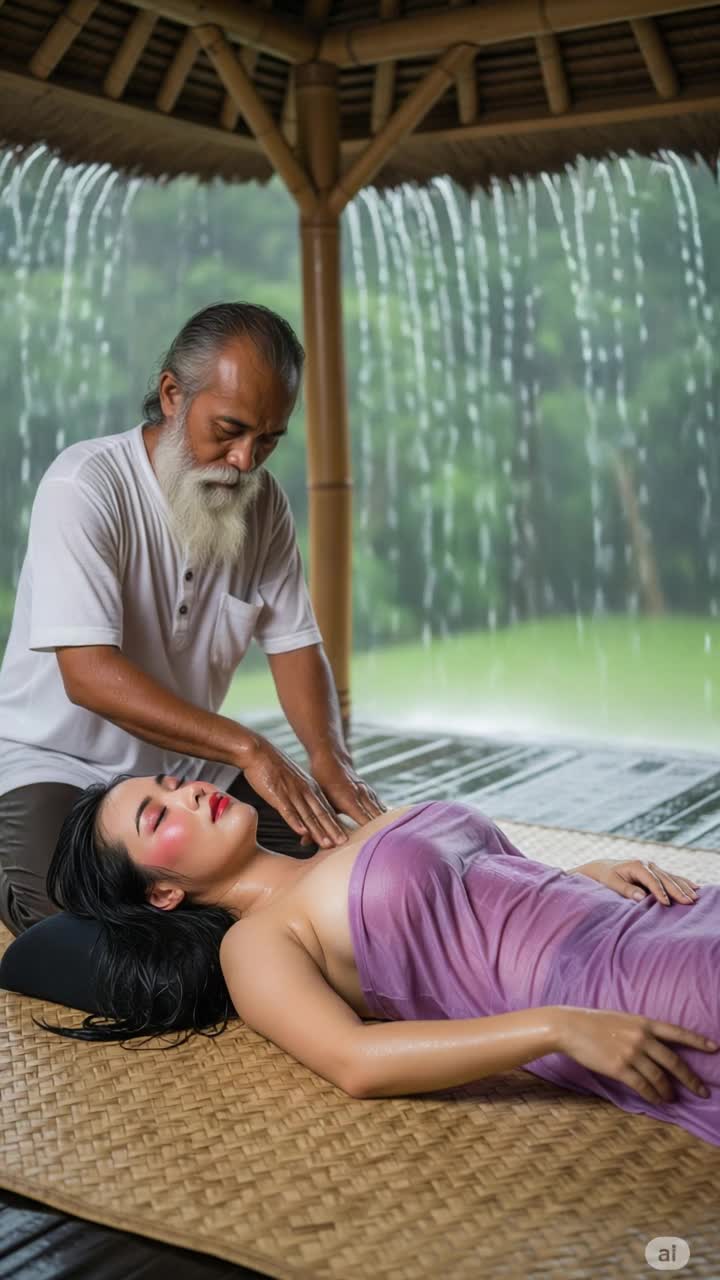 heavy rain, man massaging woman