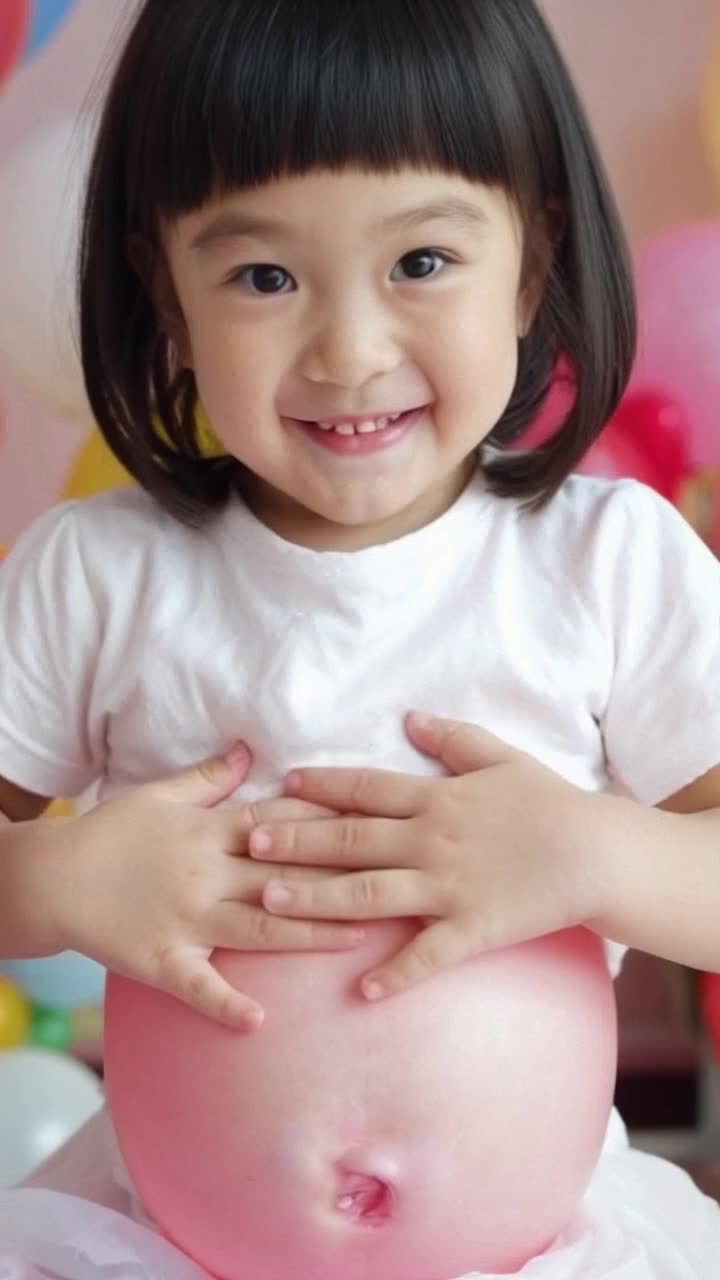 Girl with bright eyes and playful grin playfully inflating her belly like a balloon feeling a delightful sense of whimsy surrounded by colorful balloons and fluttering streamers in a sunlit room filled with laughter and joy