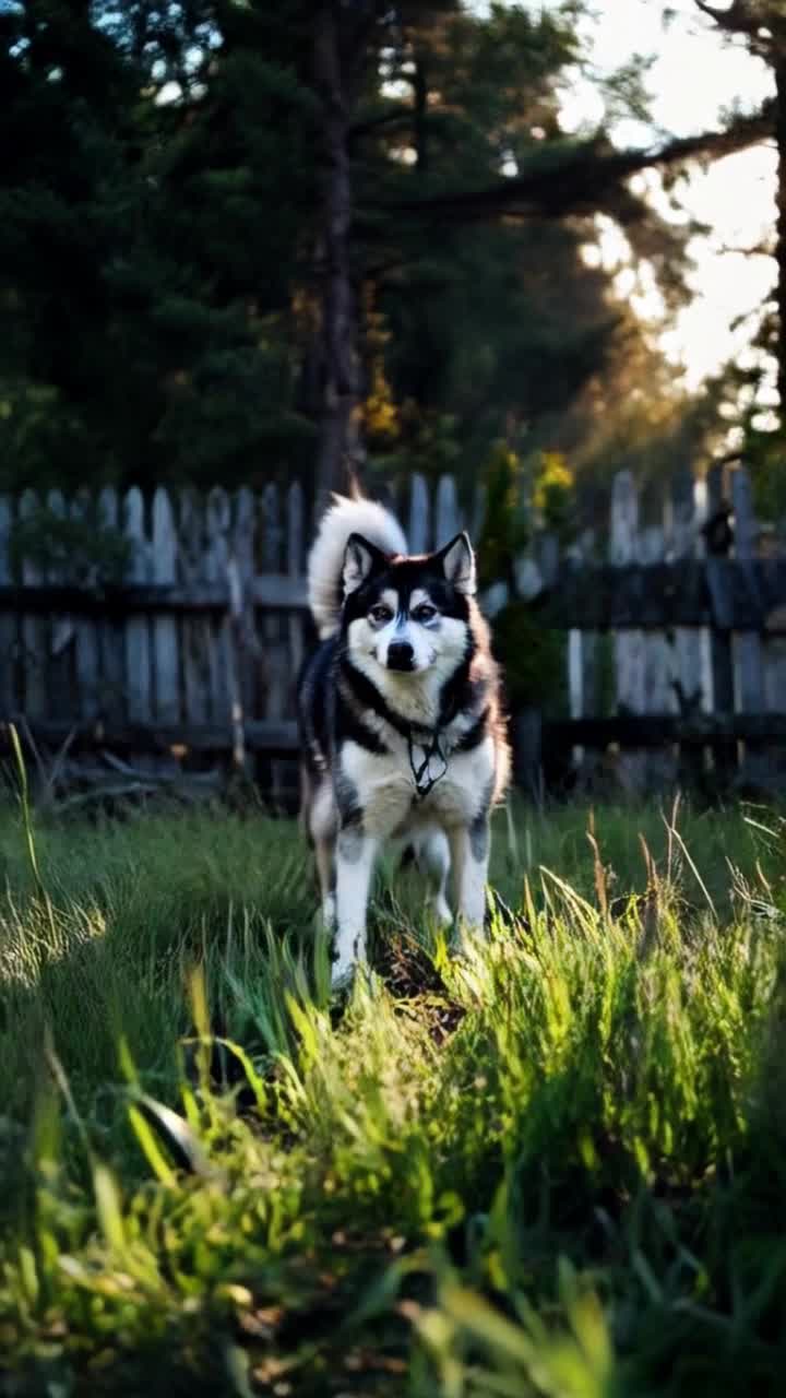 Focused husky with piercing eyes gleaming tail waving like a battle flag Powerful stance exuding determination Gradual zoomin capturing intensity Shadows lurking in an overgrown backyard vibrant green grass swaying in the breeze broken fences hinting at past adventures golden sunlight filtering through tall trees creating a cinematic aura