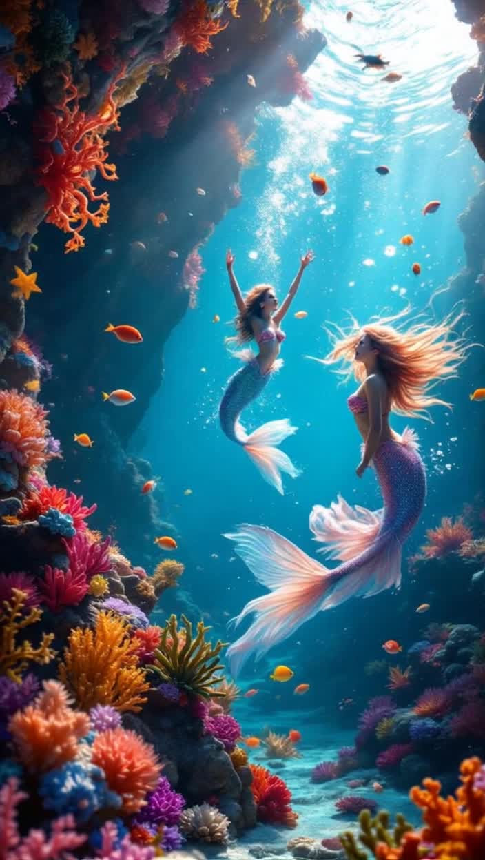 Colorful mermaids with shimmering scales and flowing hair swim gracefully through a vibrant coral reef full of exotic fish and plants They twirl and dance in sync, their laughter echoing like music throughout the crystalclear waters Bubbling currents swirl around them as they explore hidden caves adorned with glowing seashells and glittering treasures Rays of sunlight filter through the surface, creating a magical, dappled light that illuminates their playful movements Brightly colored starfish cling to rocks, while sea turtles glide by, adding life to this enchanting undersea kingdom