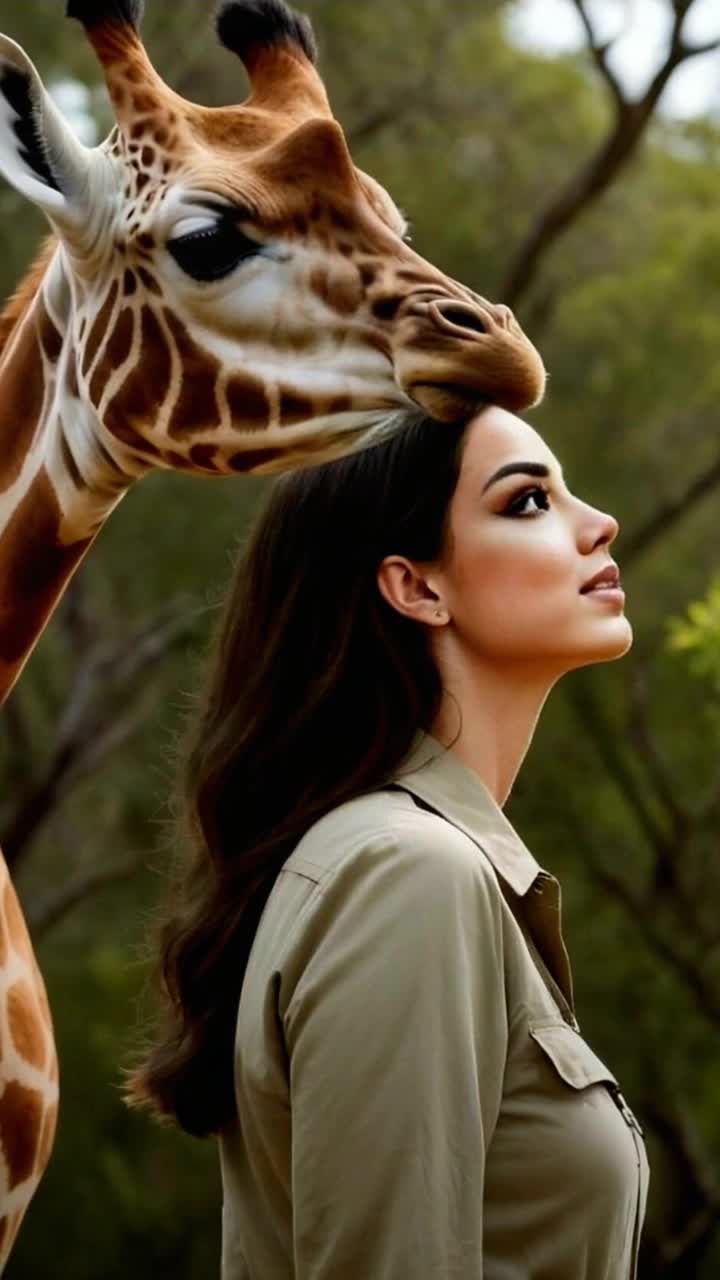 Elegant safari woman adorned in vibrant attire gracefully interacts with a gentle giraffe sniffing her hair with curiosity   Lush savannah backdrop under a golden sunset paint the sky in warm hues   Tall grasses sway softly in a warm breeze while distant acacia trees frame this enchanting scene   Wildlife sounds create a harmonious atmosphere as nature unfolds around this unique moment