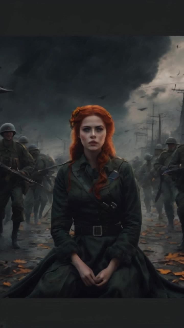 A beautiful redheaded woman, marching to war, surrounded by male troops in world War 2, her mouth an open cry of pain, background a dark tornado blows past, male troops carry her on a gurney dressed in a straightjacket