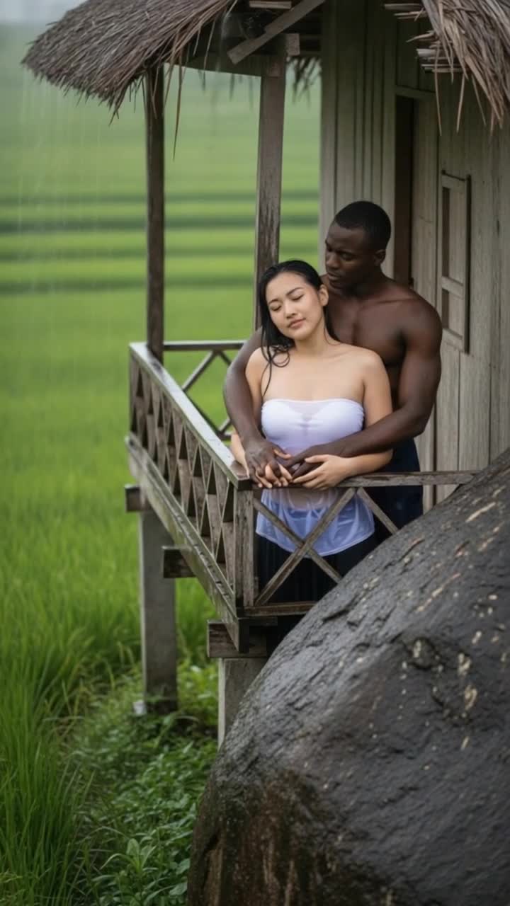 heavy rain, man massages woman gently