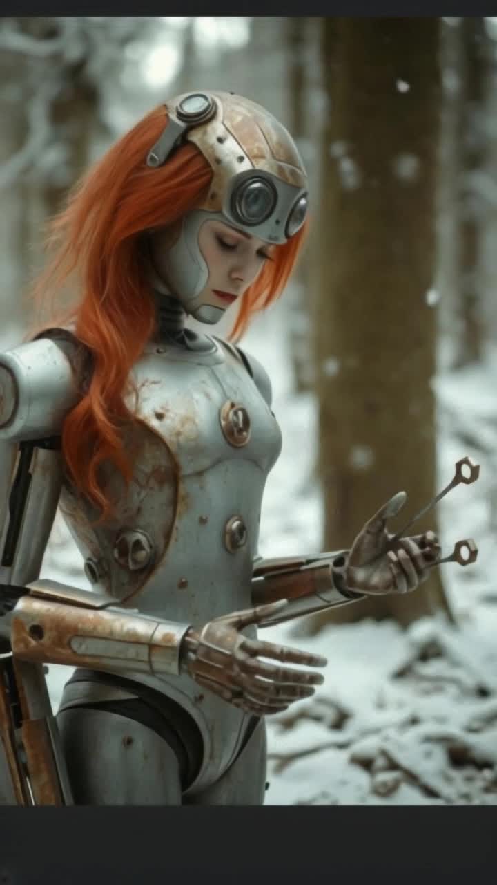 a beautiful red head robot women, as the tin man, standing in the forest snow rusting as she watches parts of her body break off and fall to the ground, looks down as metal and cogs fall off her, full framed body 