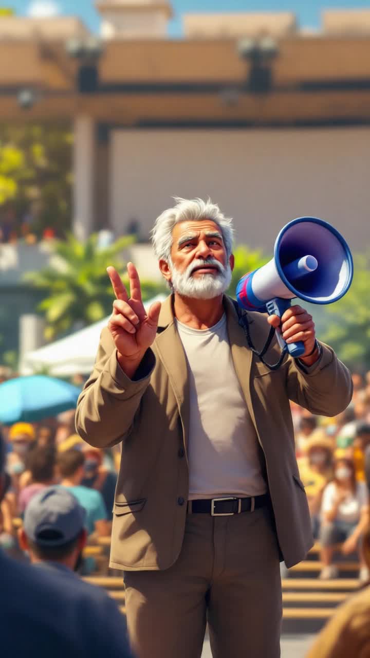 Grey haired hispanic man in his 50s giving a speech in front of an audience with a megaphone and making the peace sign with his hand
