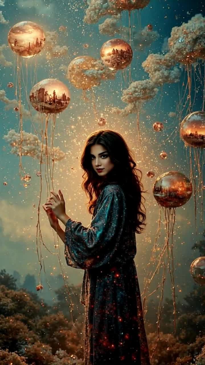 Elegant woman with flowing gown adorned with shimmering stars gracefully weaving vibrant dreams Radiant dreams swirl in a kaleidoscope of colors around her Mystical forest filled with glowing flowers and luminescent creatures creates a fantastical atmosphere as the moonlight filters through delicate leaves
