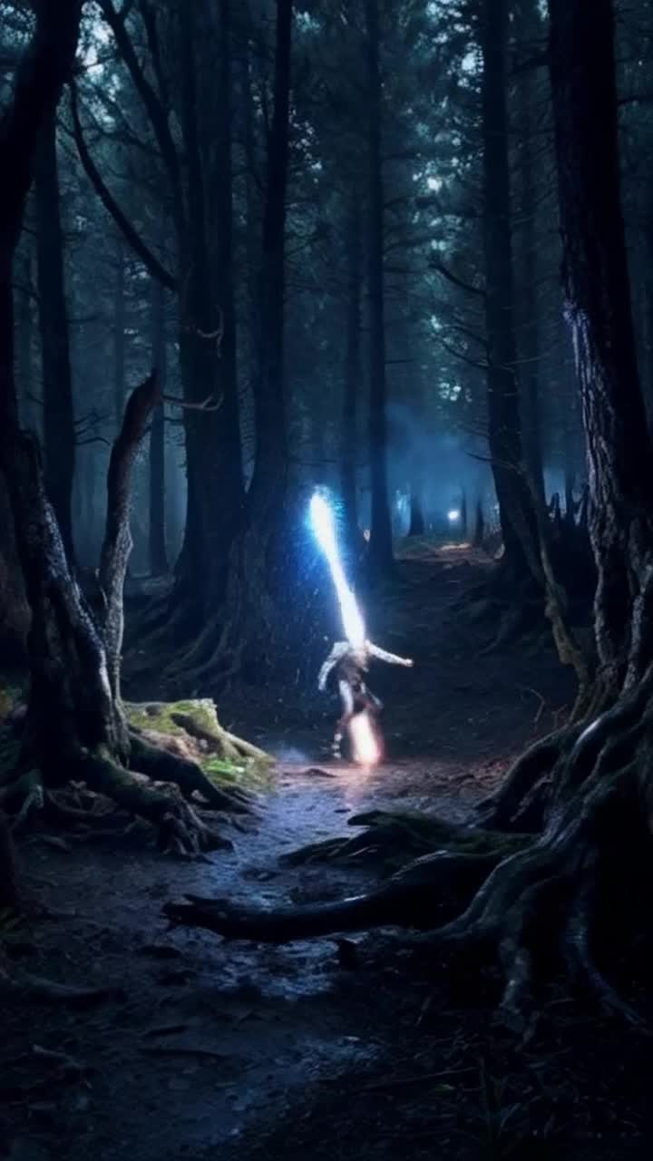 One determined hero surrounded by nightmarish shadowy creatures unleashing vibrant photon blasts with swift motions illuminating chaos around them dissolving grotesque forms with stunning precision darkened forest clearing filled with swirling shadows flickering lights from energy blasts reflecting off twisted trees echoing distant eerie howls