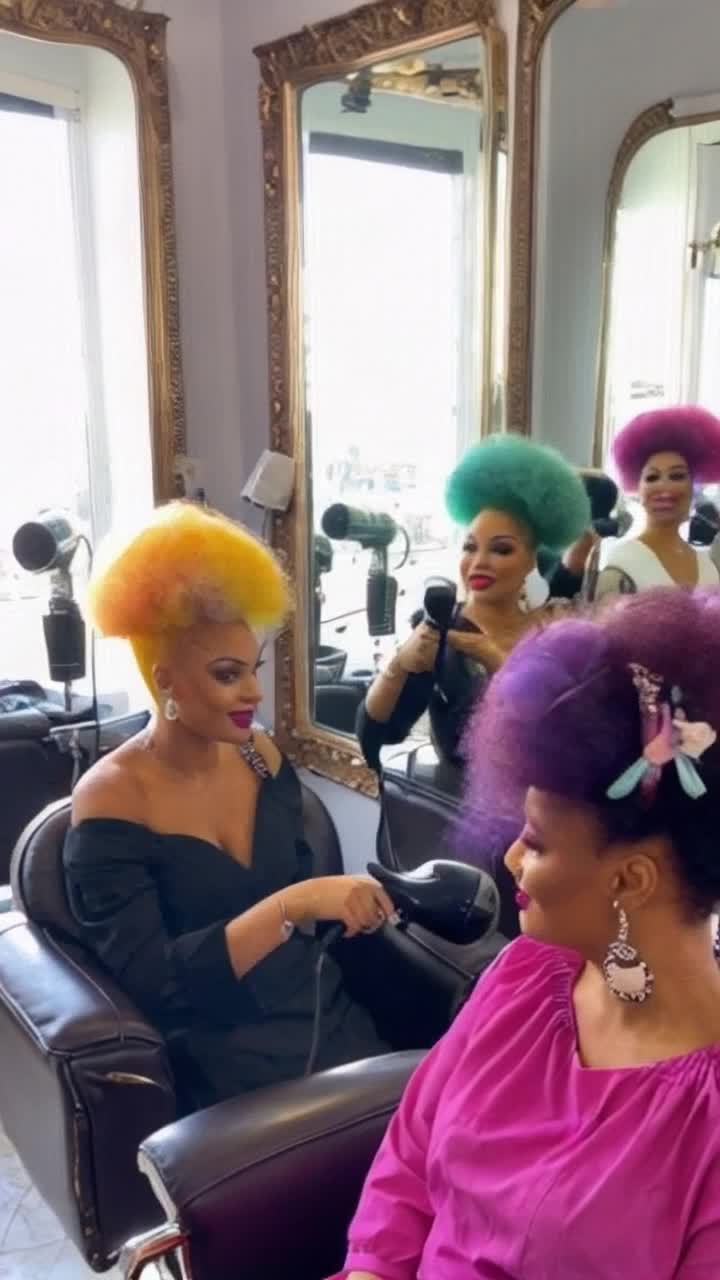 Vibrant women showcasing extravagant beehive hairstyles adorned with curls and vibrant hair accessories, elegantly chatting and laughing together, brightly colored hair dryers buzzing nearby Retro salon interior filled with mirrored walls and plush vintage chairs, sunlight streaming through large windows illuminating the dazzling hues of their hair Fun upbeat music playing softly in the background, capturing the essence of the lively 1960s beauty culture, showcasing the excitement and creativity of this iconic era