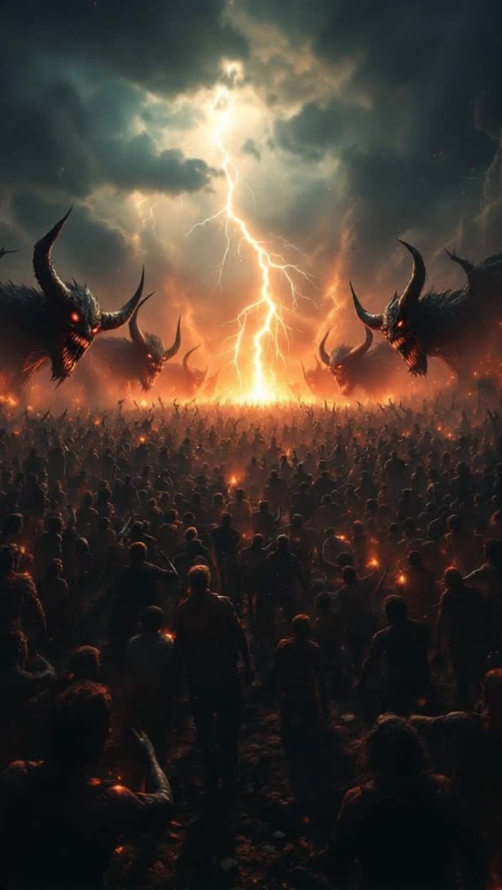 literal Hell on Earth, crowds of people suffering at the mercy of terrible demons