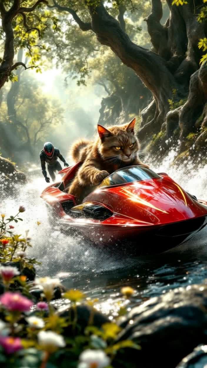 Fierce feline hero revving sleek engine with vibrant colors shimmering under sunlight speeding through lush green forest navigating around ancient trees and sparkling streams exhilarating chase against futuristic alien creature darting between shadows and sunlight vibrant wildflowers swaying in gentle breeze creating magical atmosphere fueling adrenaline rush adventurous spirit igniting excitement and determination conquering nature's beauty intertwined with otherworldly danger