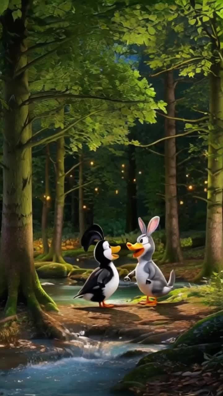 Vibrant green woods filled with tall trees dancing softly in the breeze Two animated characters Daffy Duck with his glossy black feathers and comical expressions together with Bugs Bunny sporting his iconic grey fur and carefree grin exchange warm goodnight wishes Their voices echo joyfully through the rustling leaves as fireflies begin to twinkle illuminating the twilight sky with golden glimmers A gentle stream glistens nearby reflecting the fading hues of sunset as soft shadows stretch across the forest floor creating a peaceful retreat filled with friendship and laughter