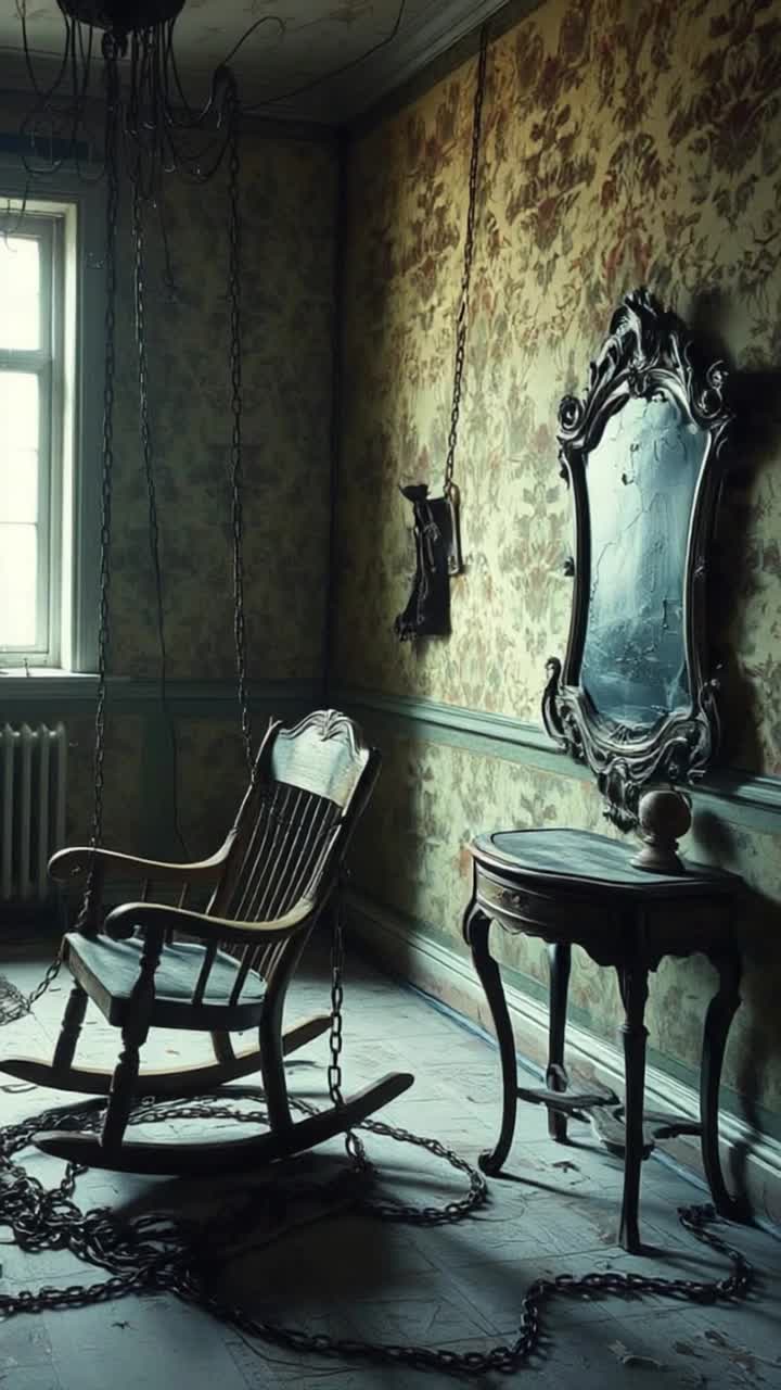 A longabandoned, candlelit room with peeling wallpaper and shattered furniture Chainsboth literal and spectralcoil around old possessions a rocking chair, a childs toy, a cracked mirror Shadowy tendrils stretch across the floor and walls like creeping vines, darker than the absence of light In the corner, an outline of a figurebarely seenwatches with hollow, glowing eyes The room feels alive, feeding on grief and memory, binding all who enter The air is thick with a supernatural presence Gothic, ominous, and sorrowfully cursed
