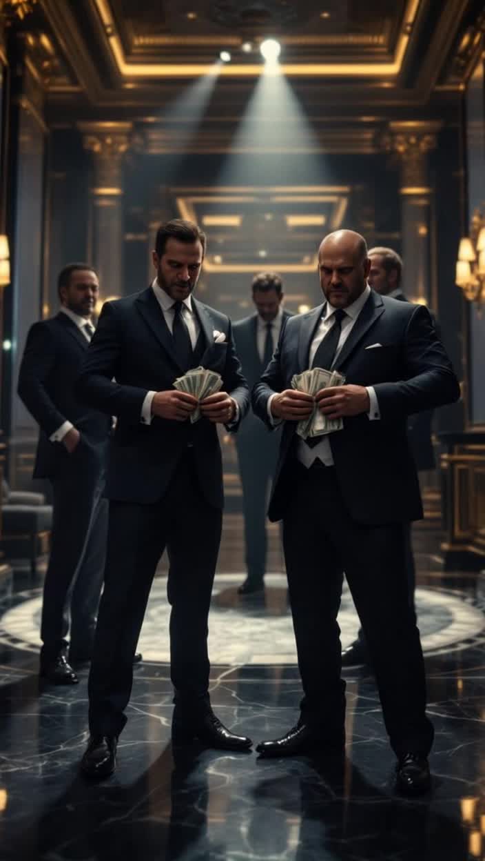 Greedy rich men in suits, stuffing their pockets with money