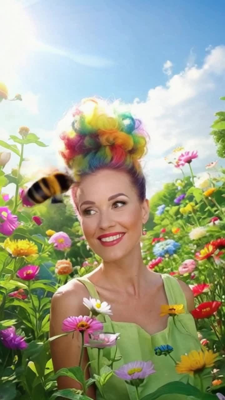 Woman with a towering beehive hairstyle adorned with vibrant colors cartoon bee buzzing in excitement landing gently among curls whimsical garden filled with colorful flowers bright sunlight streaming down lush greenery surrounding scene butterflies flitting playfully vibrant atmosphere capturing a moment of playful harmony nature beauty
