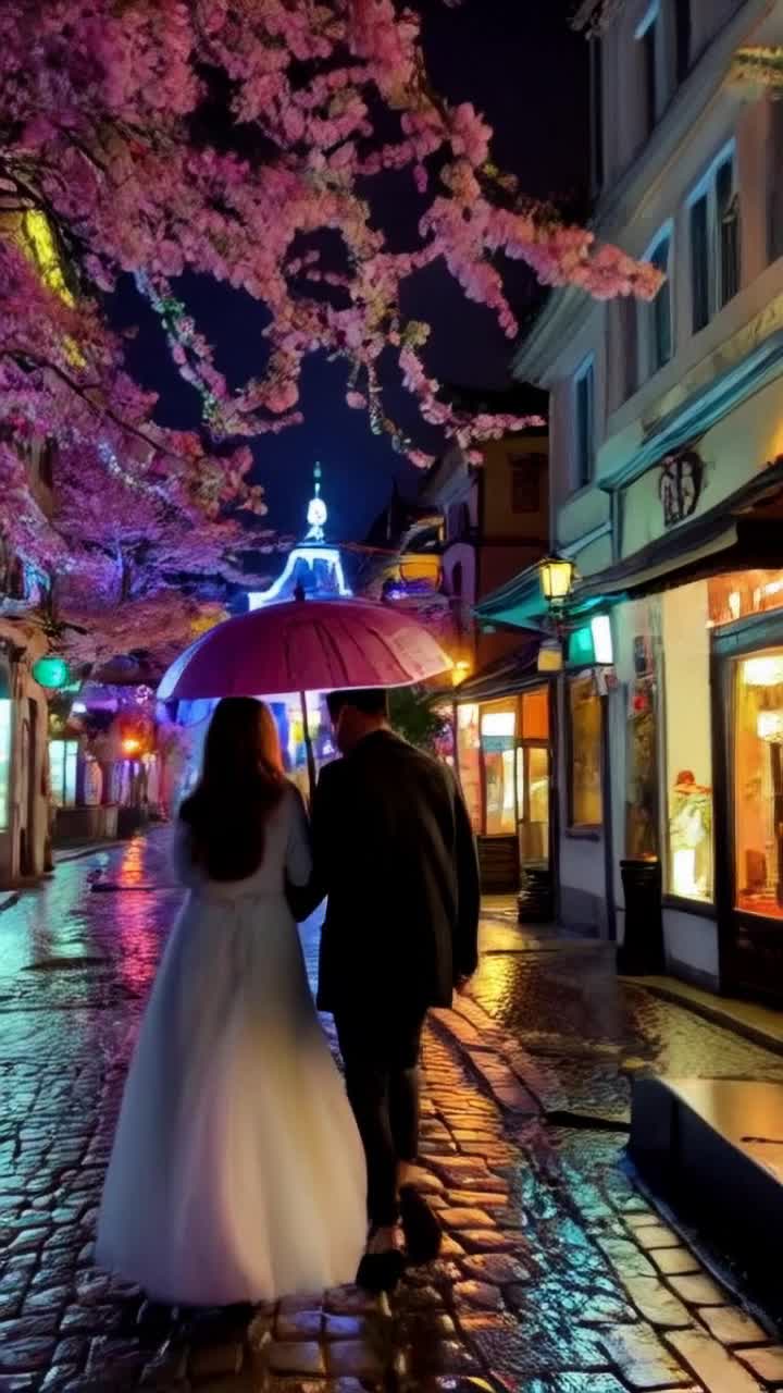 Glowing neon signs reflecting off cobblestone streets vibrant cherry blossoms swaying softly in the breeze two umbrellas twirling intertwined in rhythm vibrant raindrops cascading from rooftops lanterns illuminating hidden alleyways steam rising from street food stalls enchanting melodies flowing from nearby cafes a couple in love 
