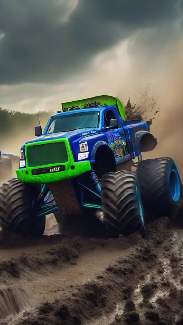 Majestic black blue neon green bulldozer monster truck Thunderous engine growls tires grip slick muddy terrain Launches off a massive mound soaring elegantly through turbulent skies Flips end over end brilliant colors flashing against swirling clouds Mud splashes erupting in every direction Surrounded by a chaotic muddy racetrack lined with enthusiastic spectators Hands raised in excitement faces lit with joy Adrenaline surging through the electrifying atmosphere as cheers echo filling the air