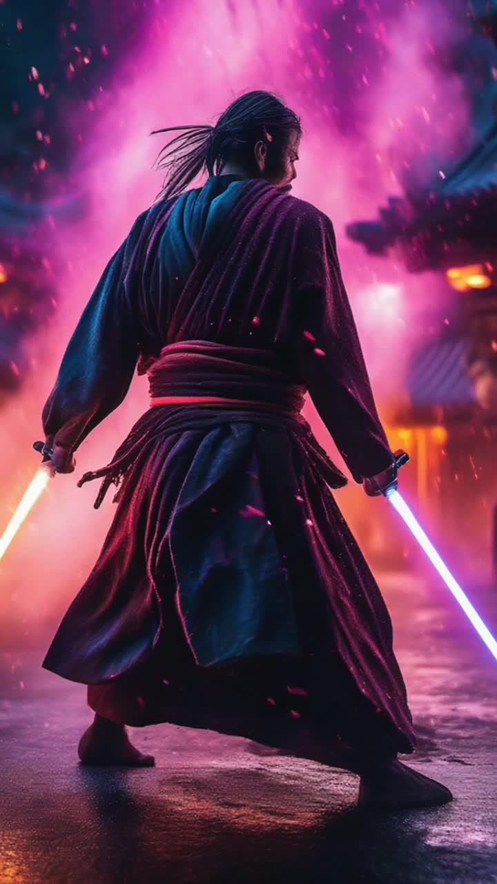 Mystical Jedi samurai surrounded by vibrant crackling energy poised with intense focus lunging forward with fierce determination approaching unsuspecting prey explosive chaos swirling in ethereal realm filled with swirling lights shadowy figures flickering in background creating an otherworldly atmosphere vibrant colors illuminating surroundings tension rising as spiritual battle unfolds