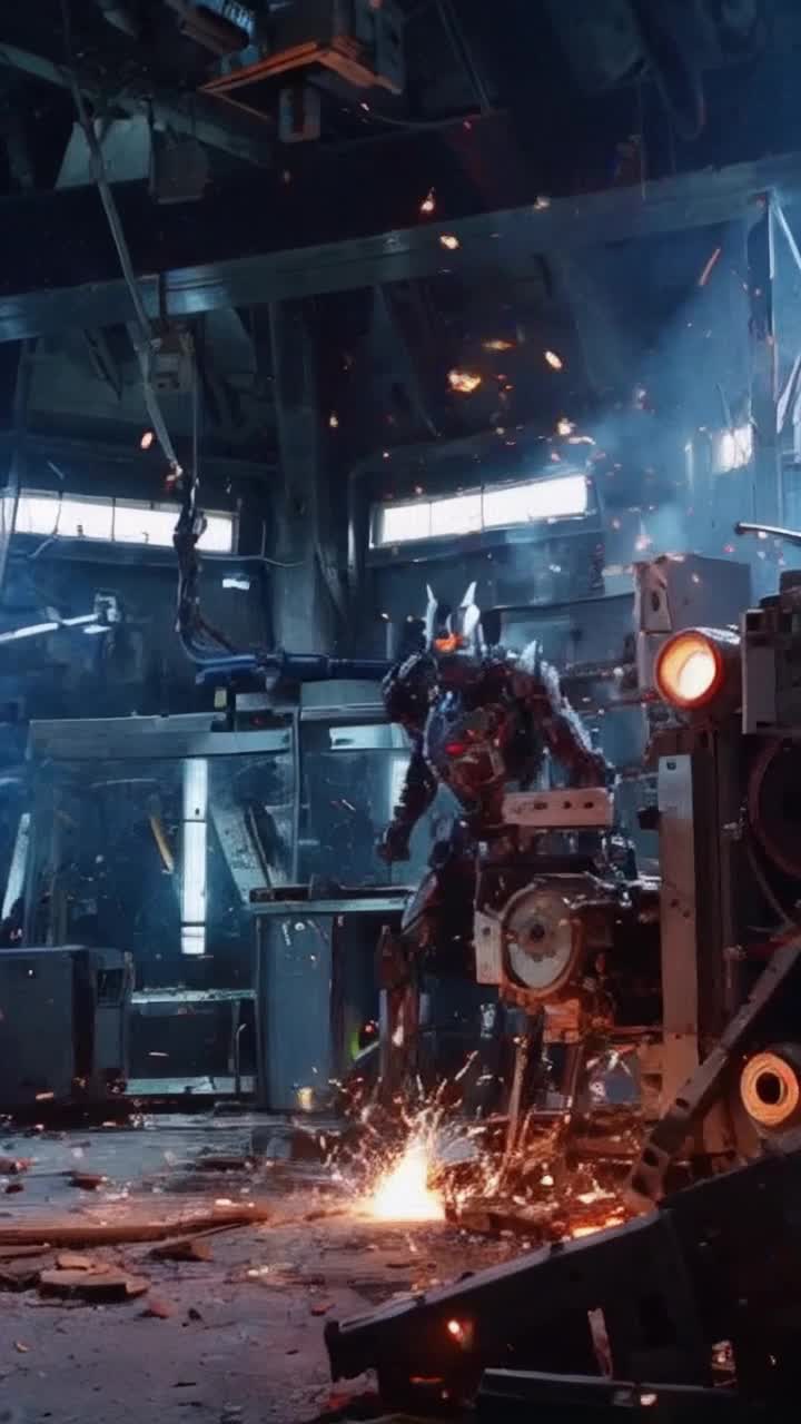 Sleek cyborg with gleaming metal limbs and organic components dodges malfunctioning machinery swirling around chaotic scene Rescue operation unfolds with sparks flying and alarms blaring Laboratory filled with shattered glass and flickering lights dust swirling in the air creating a tense atmosphere