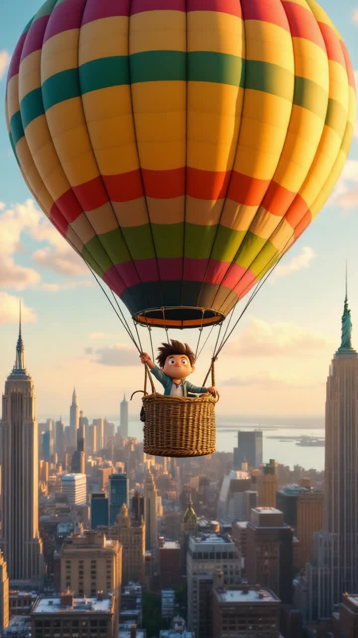 an epic cartoon character hot air balloon floats serenely over New York City
