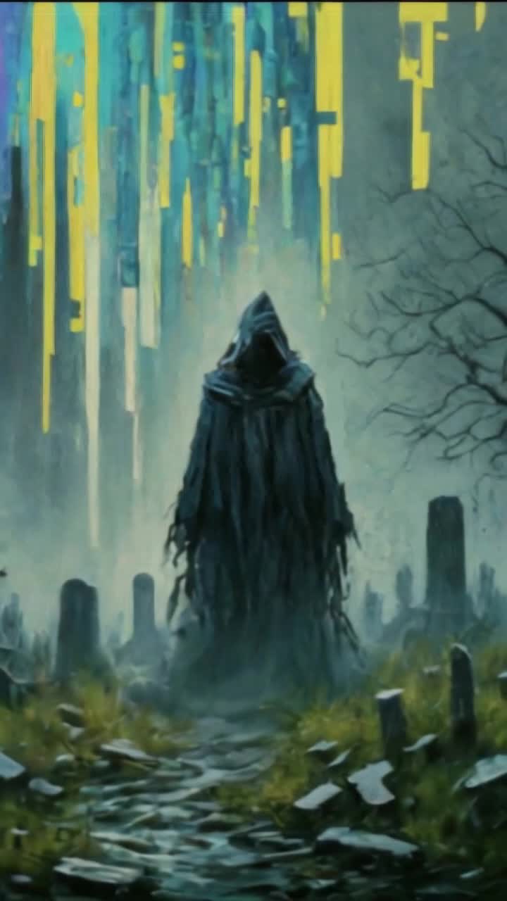 A dark shadowy ghostly figure standing in a graveyard with glitchy brightly colored pixelated digital rectangular rain falling from the sky,