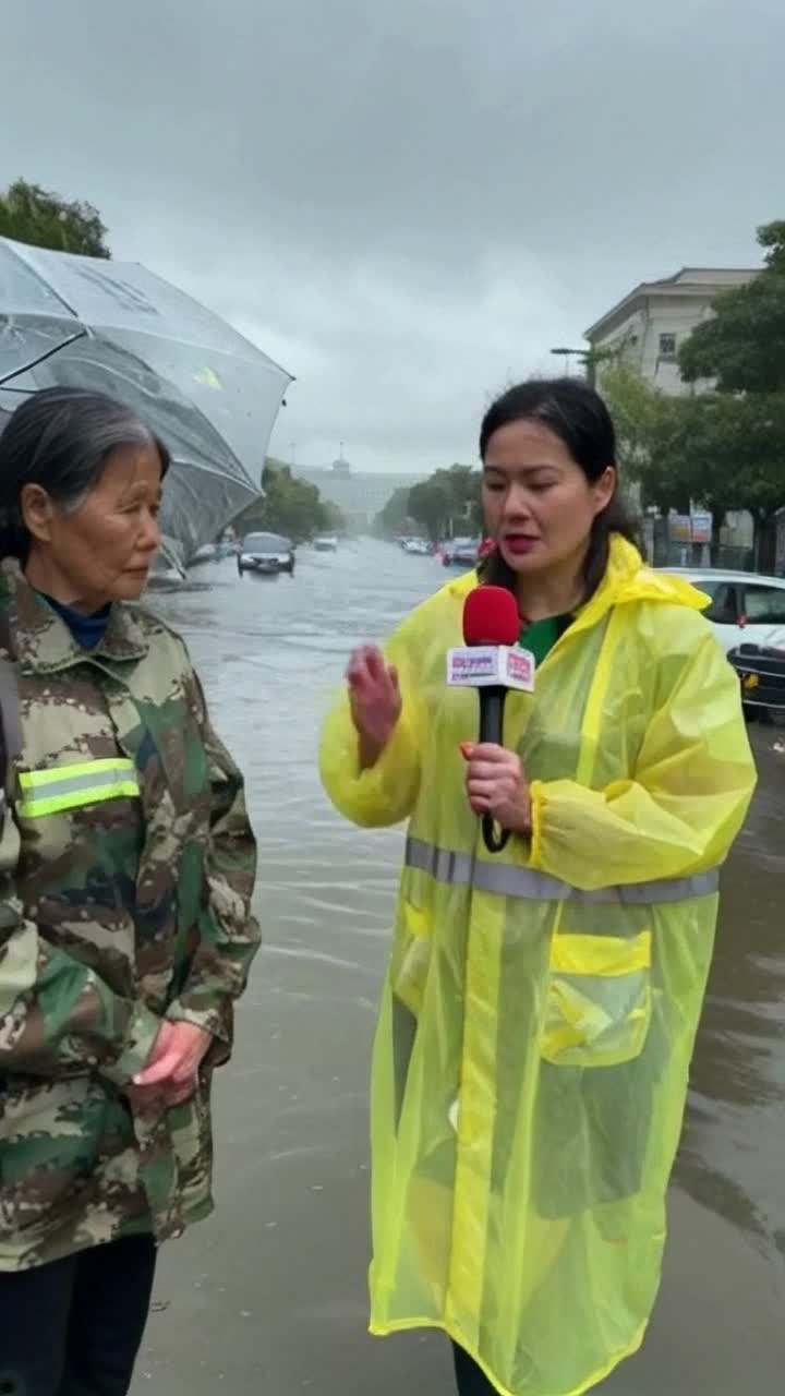 On a grey, rainy day, a female reporter in a bright yellow raincoat stands on a flooded street, holding a red tvn mic Behind her, cars splash through the water She speaks seriously into the camera Reporter Seora, cuntenos, para usted en ests prximas elecciones de alcaldes quin ganar la alcalda de San Francisco  An elderly woman in a camo raincoat and holding a clear umbrella walks into frame The reporter turns and extends the mic The woman responds bluntly Elderly Woman Hctor Soto Yo pienso igual que vos She then turns sharply and walks away The reporter stays still, surprised, lowering her mic slightly as the woman disappears into the rain
