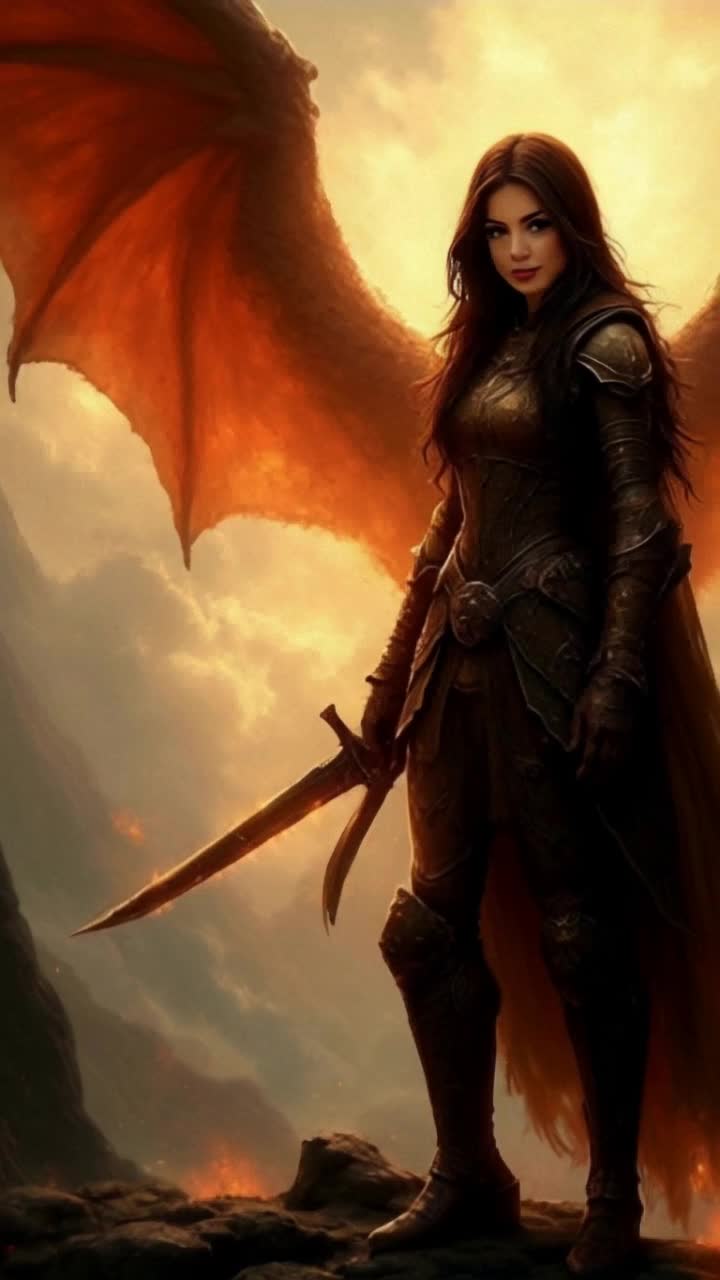 Radiant graceful knight adorned in shimmering armor with flowing hair holding gleaming sword aloft commanding respect Confidence radiates as massive dragon soars across azure sky trailing wisps of smoke Majestic mountain range looms in distance lush green valleys unfurl below sunlight dappling through wispy clouds casting enchanting shadows on brave knights armor