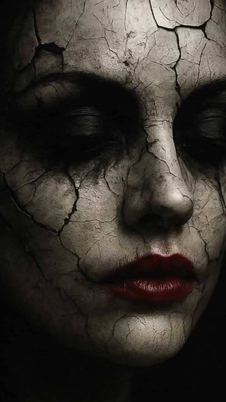 Beautiful red head woman with smeared makeup and cracked face looks solemn with eyes closed and quickly flashes her eyes wide with rage into camera 