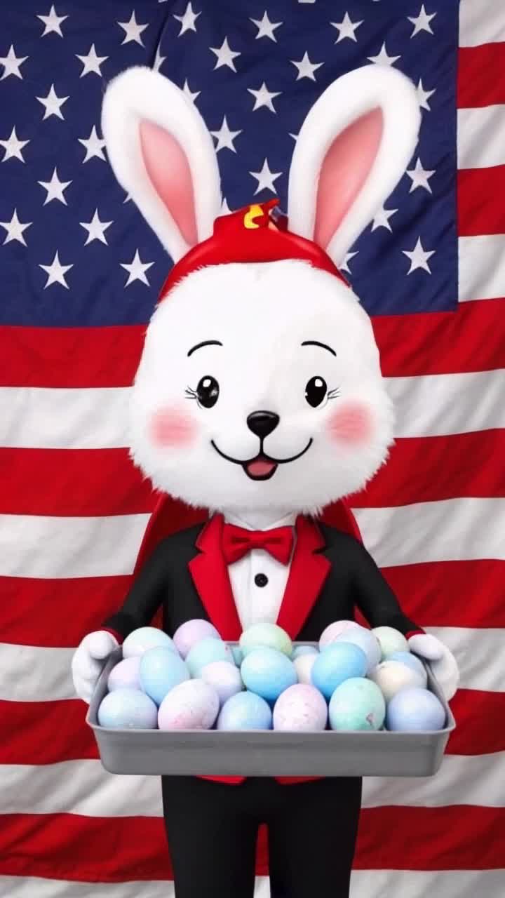 The Mad Rabbit based on the Lewis Carroll fairy tale as an Easter bunny in a black and red tuxedo, red baseball cap and with a tray of Easter eggs against the background of an inverted American flag