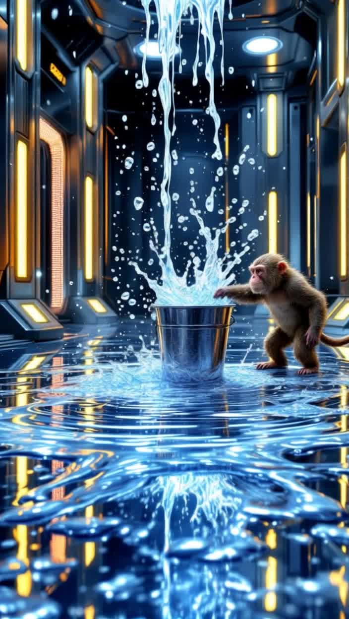 A silver puddle on the floor of the justice league building ripples into ,,,  a pail of water, exclamation here, this bucket of water is a Wonder Twin, his sister, the pigeon, good close by, their monkey friend knocks the bucket over, spilling the water ,,, Liquid, huh huh