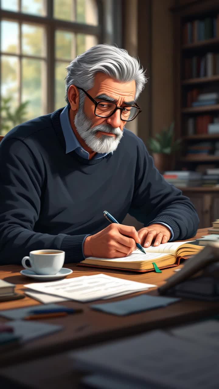 Grey haired hispanic man in his 50s writing in a notebook
