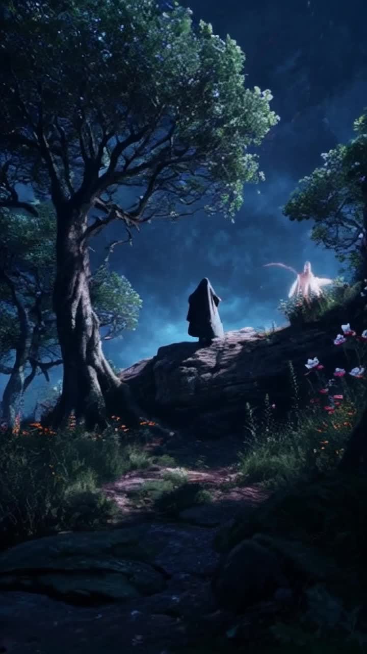 A mysterious figure in a cloak, making his way through the ancient trees covered with shimmering emerald leaves Elusive leaps and elegant dodges among the blooming wildflowers in pursuit of radiant sparks of light A disembodied spirit standing on a steep cliff at dusk with outstretched arms, Glowing trails of colour cascading across a deep indigo sky, illuminating panoramic views from a majestic mountain peak, its jagged peaks visible against the celestial glow