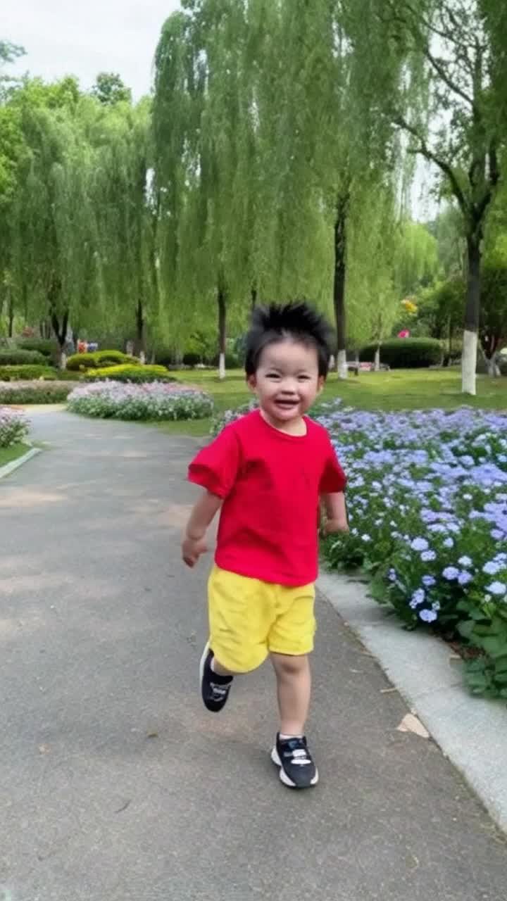 Cheerful mischievous fiveyearold with spiky black hair dressed in vibrant red tshirt and yellow shorts playfully running through a colorful park filled with blooming flowers and tall green trees surrounded by friendly animals and laughter echoing in the air