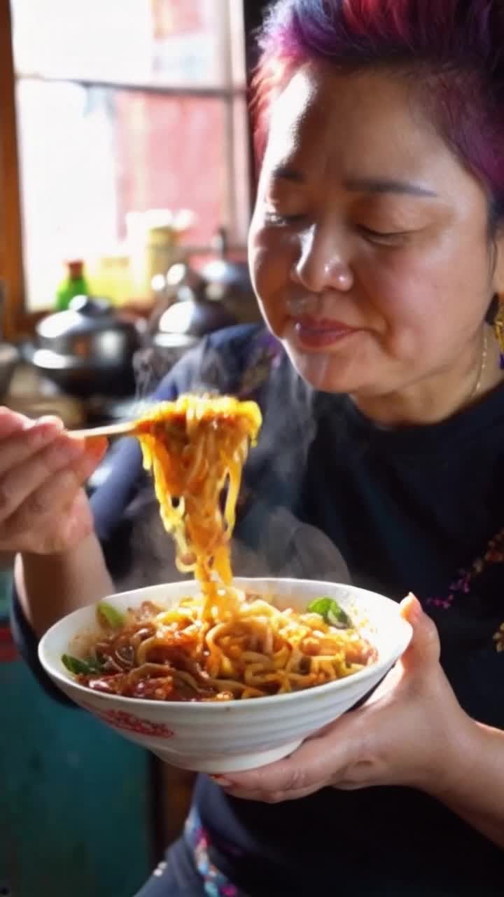 Woman with vibrant hair enjoying steaming bowl of fiery buldak noodles slurping noodles with delight as steam rises around her Brightly colored kitchen filled with intricate utensils and spices creating a warm inviting atmosphere sunlight pouring through window illuminating her joyful expression