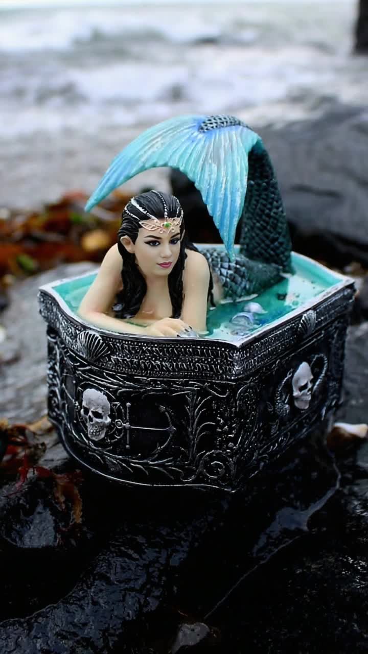 Delicate iridescent mermaid with shimmering scales encapsulated within a glass box brimming with crystalclear water fin gracefully swaying rhythmically from side to side waves gently rocking the box aboard a weathered pirate ship adorned with tattered sails creaking wood and the salty scent of the sea sunlight filtering through clouds casting enchanting reflections dancing on the water surface treasure maps and gleaming gold coins scattered nearby adding a sense of adventure and magic