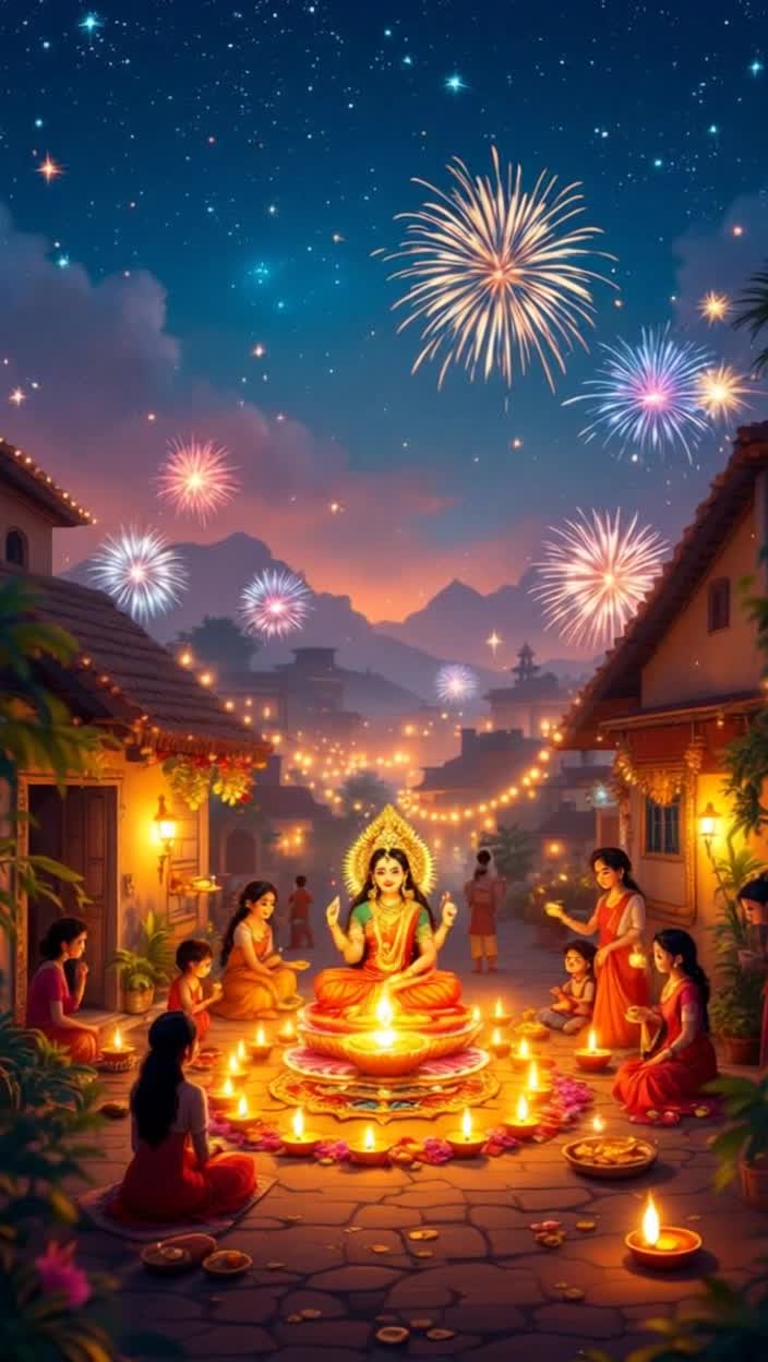 Diwali Mahalaxmi Puja 8K Full HD Quality Highest Regulation High Quality Highest Quality Animation Write an Animated StoryHeres an 8K Full HD quality animated story script for Diwali Mahalaxmi Puja, which you can adapt into a visual animation or film script Diwali Mahalaxmi Puja  Animated StoryThe night sky is ablaze with stars The camera slowly pans down to the glowing earthwhere the entire village is awash in the light of lamps Scene 1 Preparations Every house is adorned with flickering lamps, colorful arches, and rangoli Children are enthusiastically lighting sparklers, women are decorating their plates and chanting mantras  Inside a house, a family bathes the idol of Mahalakshmi and adorns it with red clothes and gold and silver ornaments Scene 2 Mahalakshmis Arrival As the family begins the aarti, the camera zooms in on the idol The idol suddenly comes alive, radiating a glow like sparkling gold Mahalakshmi, seated on a lotus, appears in a soft voice Her four arms show a lotus in one hand, a gold coin in the other, a blessing in the third, and a gesture symbolizing peace in the fourth With her arrival, countless small lamps light up on their own Scene 3 Divine Message Mahalakshmi says, O devotees Diwali is not just a symbol of wealth, but it is a festival of virtue and lightI reside in a clean home, where the lamps of honesty, love, and hard work burn  As she speaks, scenes change on the screen The farmers hard work and the light on his crop A businessman being honest in his work A housewife caring for her family with love and respect Scene 4 Prosperity and Auspiciousness Mahalakshmi blesses the family and showers them with golden coins, but the coins instantly transform into luminous lamps The entire house and village are bathed in lamps A unique fireworks display in the skya sparkle of blue, gold, and red, like 8K quality animation Scene 5 Closing The family says with folded hands, The true Lakshmi is not just wealth, but truth, righteousness, and love Mahalakshmi smiles and disappears into the light of the golden lamp The camera pans upthe entire village is shining in golden light  Finally, a verse appears on the screenDeepjyotirmastu nah shreyaseMay the light of the lamps be for our wellbeing Would you like me to write this story as a complete cinematic script including dialogue, scene directions, and animation details so it can be used directly in an animation project