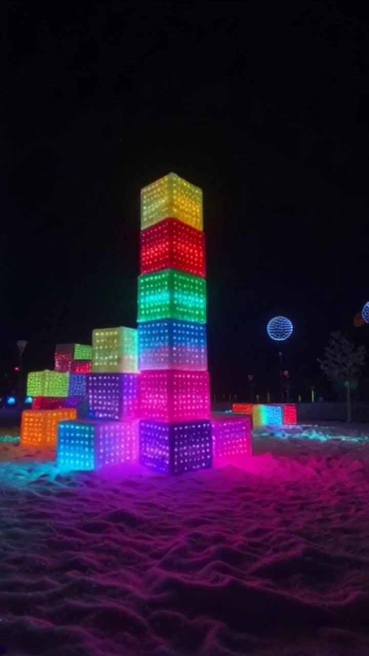 Colorful blocks stacking high towards the sky swirling with patterns each block glowing in vibrant shades vibrant energy radiating from every angle swirling mist of sparkles surrounding the blocks a dreamlike landscape filled with floating neon orbs casting shimmering reflections on the ground whimsical childrens laughter echoing in the background
