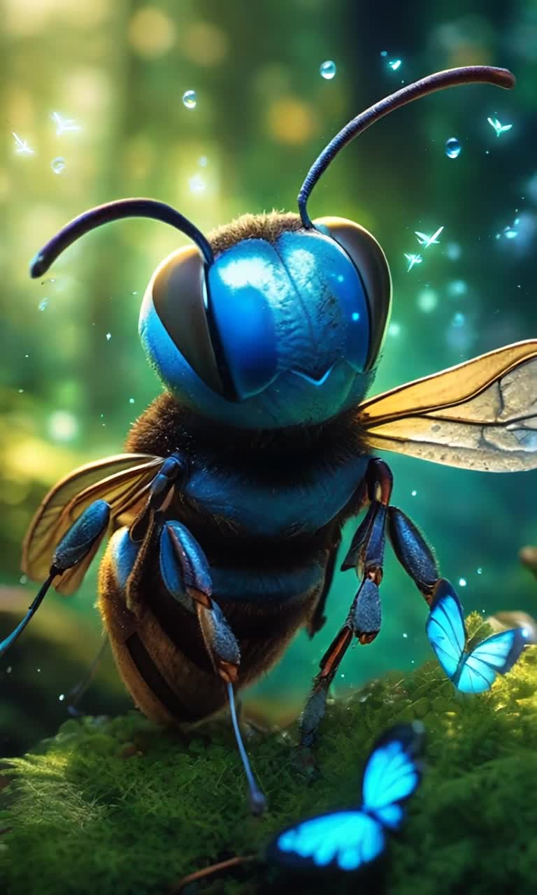 Murder hornet with iridescent wings buzzing with energy darting between vibrant blue smurf mushrooms adorned with sparkling dew droplets playful gentle breezes rustling surrounding lush emerald foliage in an enchanting magical forest sunlight filtering through dense canopies casting whimsical shadows on the forest floor butterflies fluttering in the background illuminating mystical glades filled with twinkling fireflies creating an atmosphere of thrilling adventure filled with enchanting sounds of natures symphony