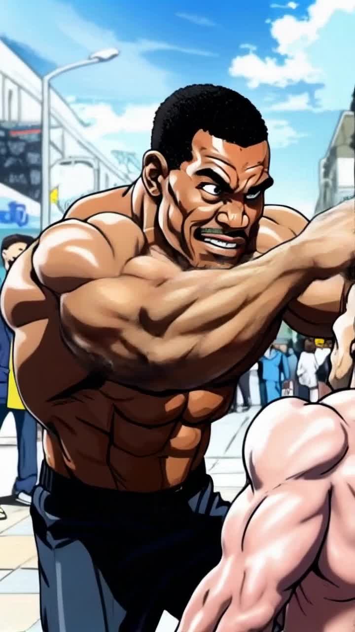 Cartoon character African American man flexing muscles delivering a powerful jab to a bald man staggered back in disbelief eyes wide with surprise vibrant colors swirling around them dynamic comic book style action lines depicting forceful impact bright city street bustling with onlookers expressions of shock and excitement graffiti on walls adding urban flair energetic music building tension in the background