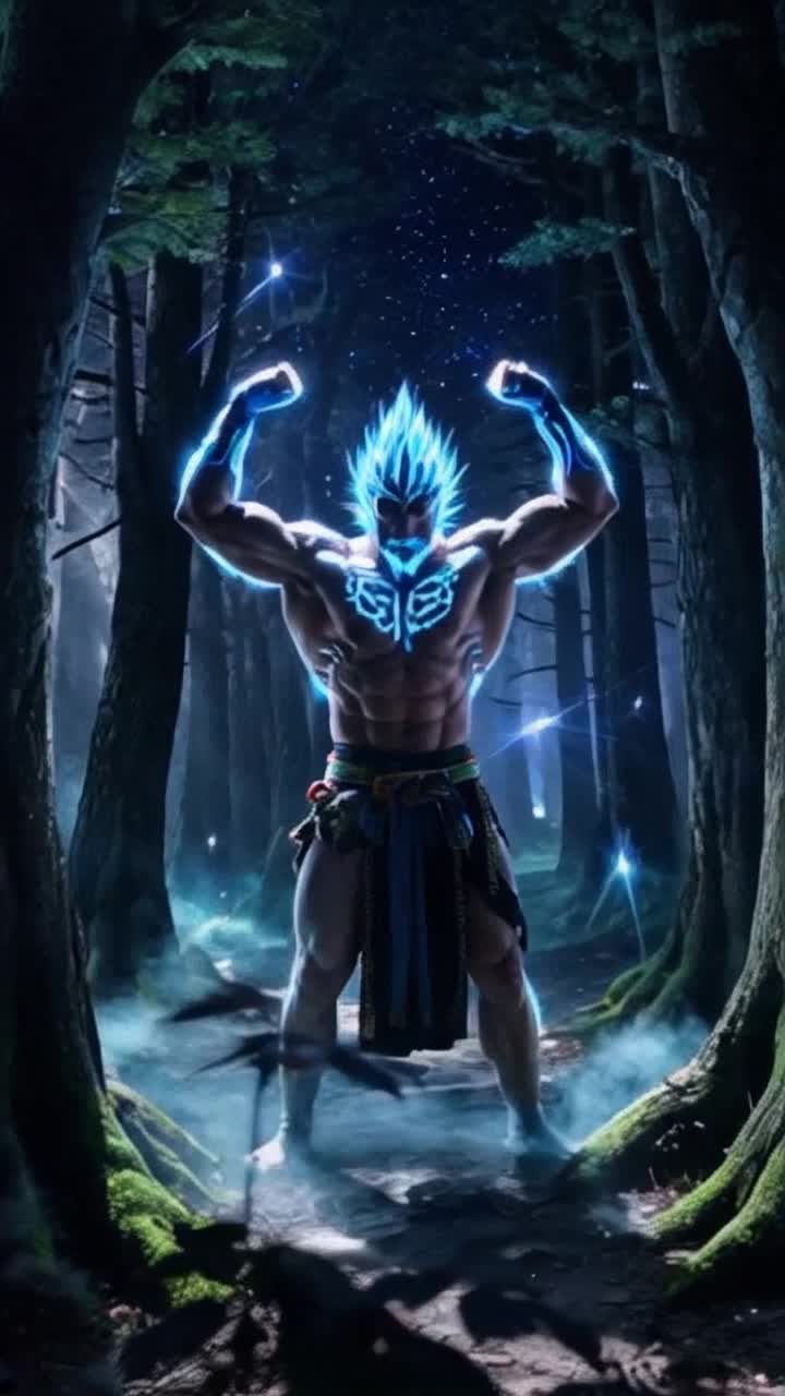 Chosen spiritual ninja radiates with spiky hair glowing with atomic blue energy flexing powerful muscles sending crackling power surging through the atmosphere. Electric sparks illuminate a mystical forest filled with ancient trees shimmering under a starry sky. Wisps of ethereal light dance around him as shadows flicker between towering trunks. Energy pulses ripple through the ground transforming the scene into a dynamic kaleidoscope of colors and movement. Moonlight filters through leaves casting dramatic shadows on the ninja's determined expression as he channels his strength amidst swirling mist enhancing the aura of otherworldly power enveloping him